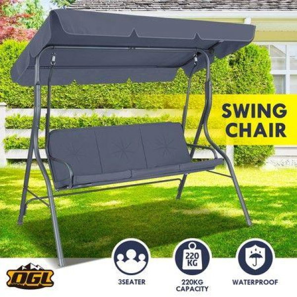 3-Seater Swing Chair For Garden Patio With Cushion & Canopy Dark Grey.
