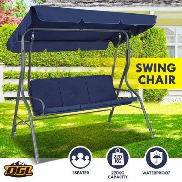 3 Seater Swing Chair With Cushion And Canopy For Outdoor Garden Patio Navy Blue