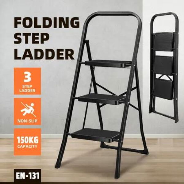 3 Step Folding Ladder Collapsible Stool Platform Foldable Portable Lightweight Steel Stairs Household Stepladder with Handrail