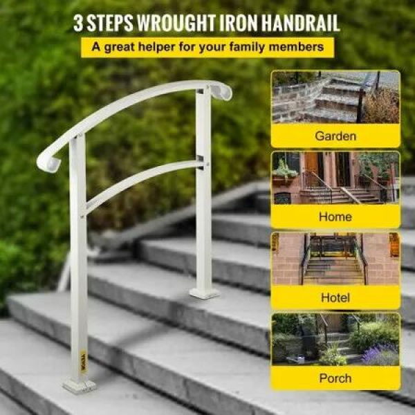 3-Step Handrails for Outdoor Steps Fits 1 or 3 Steps Matte White Stair Rail Wrought Iron Handrail with Installation Kit Hand Rails for Outdoor Step