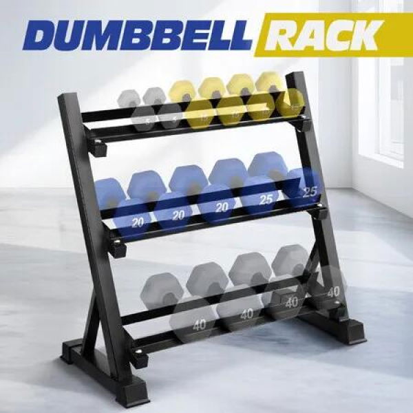 3 Tier Dumbbell Rack Weight Set Stand Home Gym Storage Racking Kettlebell Organizer Heavy Duty 300KG Adjustable Vertical Space Saving Holder Steel