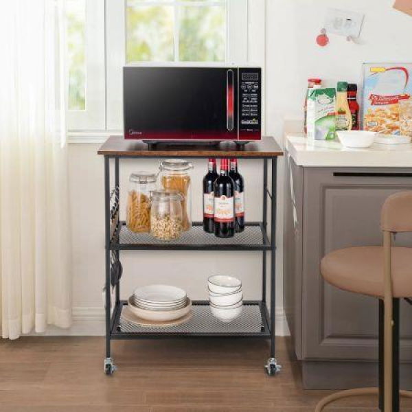 3-Tier Kitchen Serving Rolling Carts With 2 Mesh Shelves & 5 Hanging Hooks.