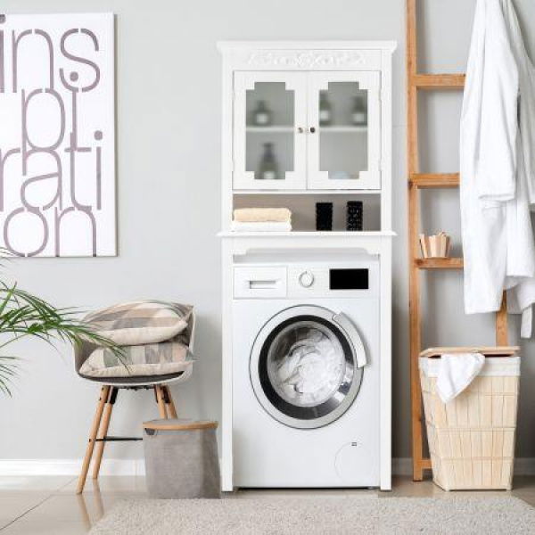 3-Tier Over The Toilet Storage Cabinet With Double Frosted Glass Doors For Bathroom