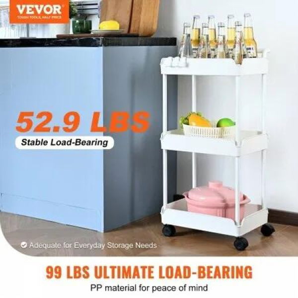 3-Tier Rolling Utility Cart Kitchen Cart with Lockable Wheels Multi-Functional Storage Trolley with Handle for Office Living Room Kitchen Movable Storage