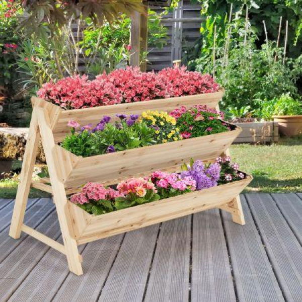 3-Tier Wooden Raised Garden Bed With Side Hooks & Storage Shelf For Plants.