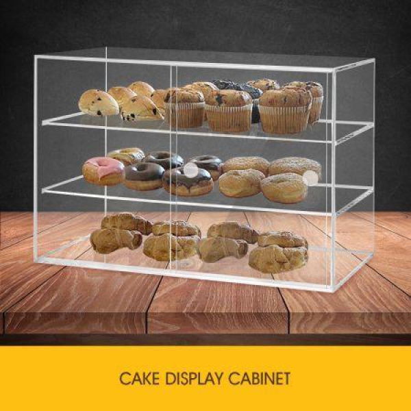 3-Tier Crystal Dustproof Cake Display Cabinet Food Showcase Case With 2 Durable Shelves 58x33x40cm.