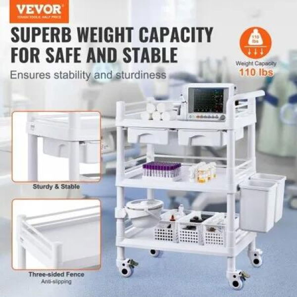 3 Tiers Lab Carts Mobile Medical Cart with 3 Trays & 3 Trash Cans White