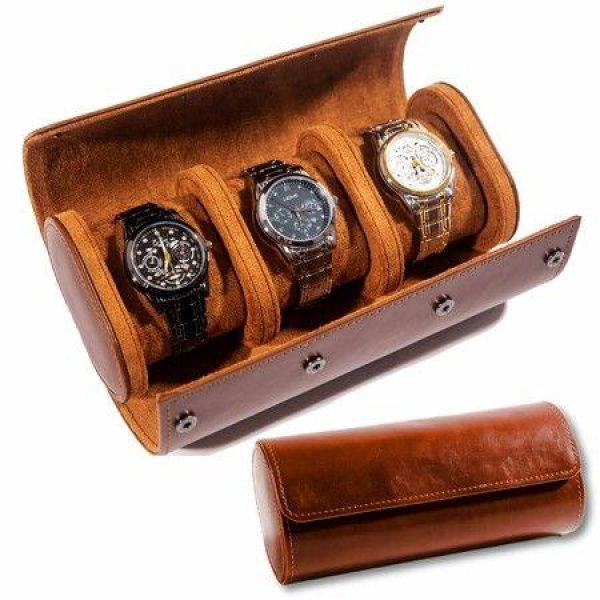 3 Watch Case for Men and Women, Watch Roll Travel Case - Storage Organizer and Display(Brown)