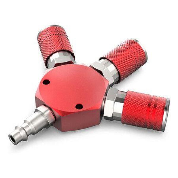 3 Way 1/4 Inch NPT Aluminum Hex Style Air Manifold with 3 Pieces Steel Industrial Coupler and Plug, Air Compressor Hose Accessories Quick Connect Fittings Air Splitter