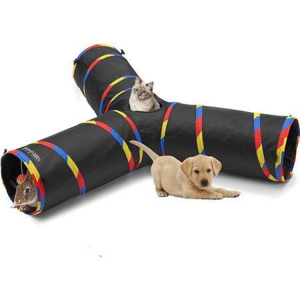 3-Way Cat Tunnels For Indoor Cats Collapsible Tube Cat Tunnel Toy With Bell Ball For Playing Pet Puppy Kitten Rabbit (Black).