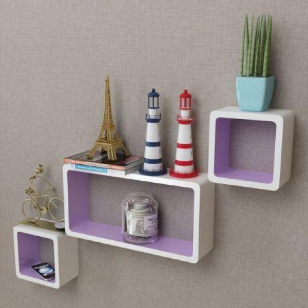 3 White-Purple MDF Floating Wall Display Shelf Cubes Book/DVD Storage.