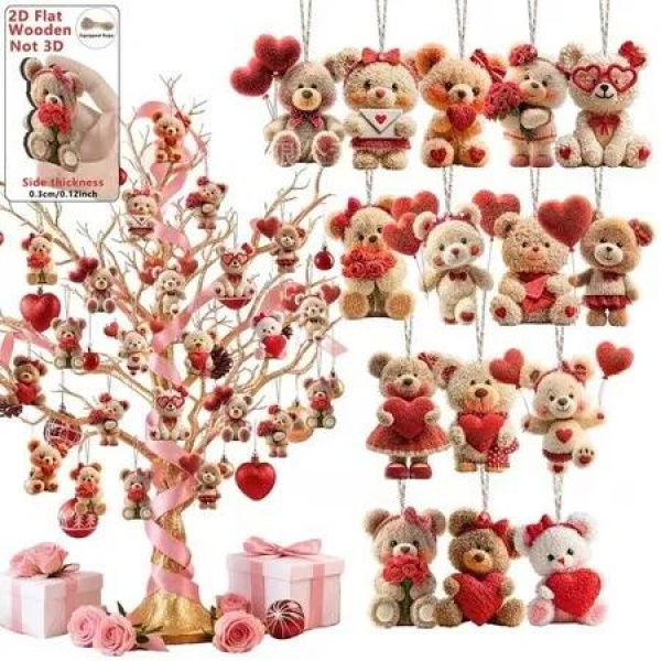 30 PCS Wooden Valentines Day Wedding Decor Love Heart Bear Pendants Cute Bear Ornaments Home Office Table Decoration Christmas Birthday Gift