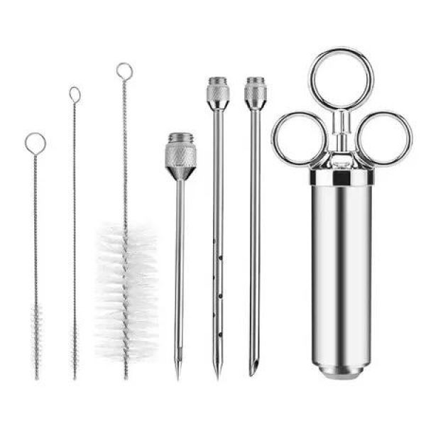 304 Stainless Steel Meat Injector Syringe Kit with 3 Marinade Needles for BBQ Grill Smoker, Turkey, Beef, Brisket, Fish, 2 oz Large Capacity