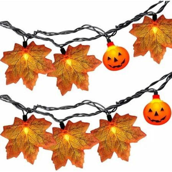 30cm Autumn Maple Leaf Pumpkin String Lights with 20 LED Halloween Thanksgiving Fall Party Indoor Decorations