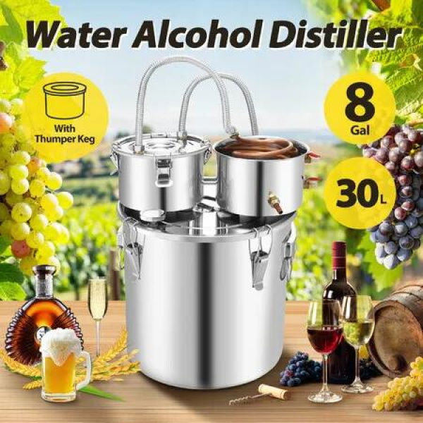 30L Water Distiller Home Brewing Kit Beer Alcohol Making Distillery Liquor Essential Oil Whiskey Distilling Equipment Stainless Steel with Thumper Keg