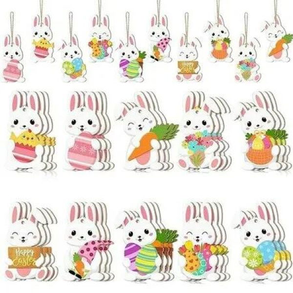 30p 2D Flat Wooden Easter Hanging Decorations Set Rabbit Easter Ornaments Party Wooden Easter Bunny Ornaments Tree Hanging Farmhouse Party Birthday Gift