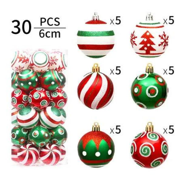 30Pcs 6cmChristmas Ball Ornaments Glittering Red Green Ball Ornaments Swirl Candy Hanging Ball Decoration