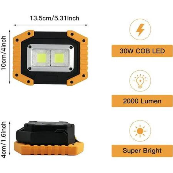 30W Rechargeable LED Work Light: Portable, Waterproof COB Flood Light for Emergencies, Camping, and Work