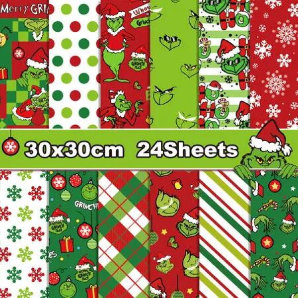 30x30cm 12 Designs Christmas Scrapbook Paper 24 Sheets Grinch Pattern Double Sided Craft Paper for Card Making and Photo Albums