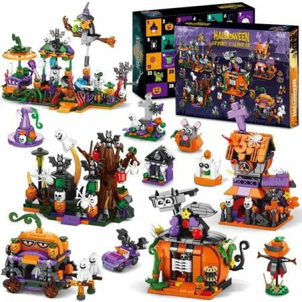 31 Day Halloween Advent Calendar,Spooky Haunted House,Ghosts,Bats & Pumpkins Building Block,Fun Countdown Halloween Toy Gifts for Kids