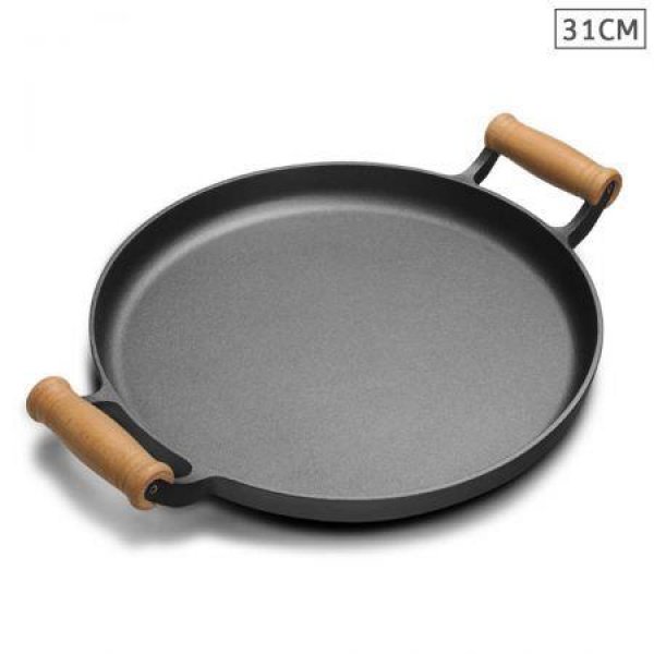 31cm Cast Iron Frying Pan Skillet Steak Sizzle Fry Platter With Wooden Handle No Lid