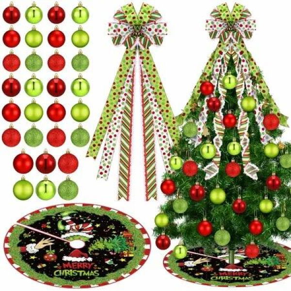 32 Pcs Christmas Tree Ornaments Set,Red Green Balls,Large Bowknot,Christmas Tree Skirt Decorations,Hanging Ball Ornaments for Xmas Trees Holiday Decor