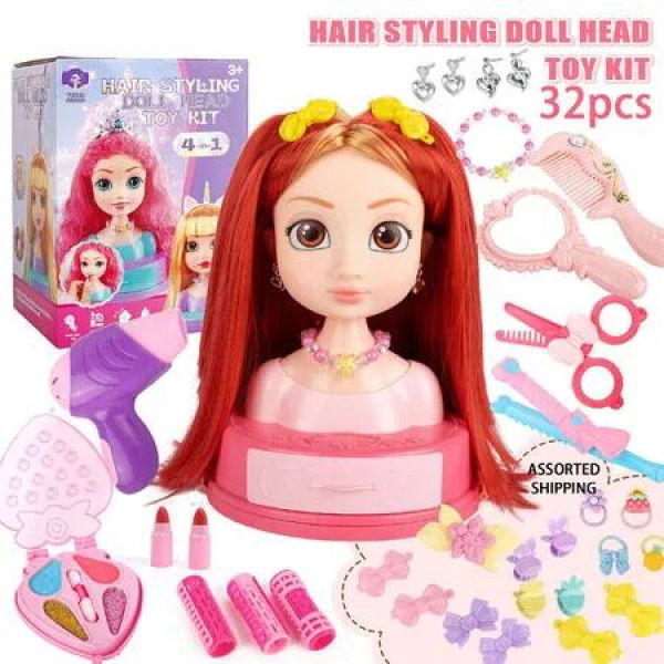 32 PCS Dolls Makeup Head Playset Toy Set Beauty Mannequin Head Easy to Maintain Pretend Play Kids Toys Hair Styling Doll Glam Lab for Little Artists