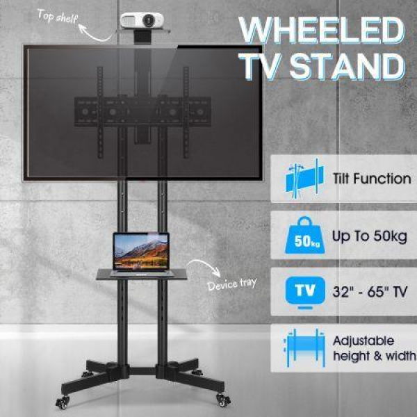 32 To 65 Inch Mobile TV Floor Stand Freestanding Television Bracket Swivel TV Mount With Shelf