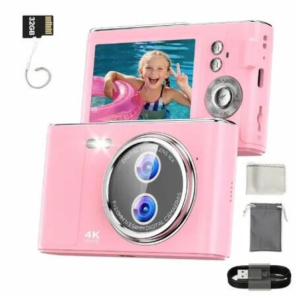 32GB Digital Camera Compact 48MP Autofocus 16X Digital Zoom Photo Camera 2.8 Inch 4K LCD Screen Portable Vlogging Photography Camera,Pink