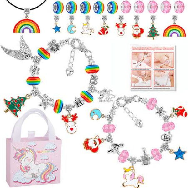 33 Pcs Charm Bracelet Jewelry Making Kit DIY Craft Rainbow Santa Elk Beaded For Arts Girl Gift For Teen Kids Ages 5+