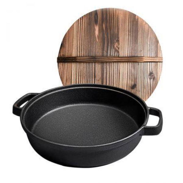 33cm Round Cast Iron Pre-seasoned Deep Baking Pizza Frying Pan Skillet With Wooden Lid