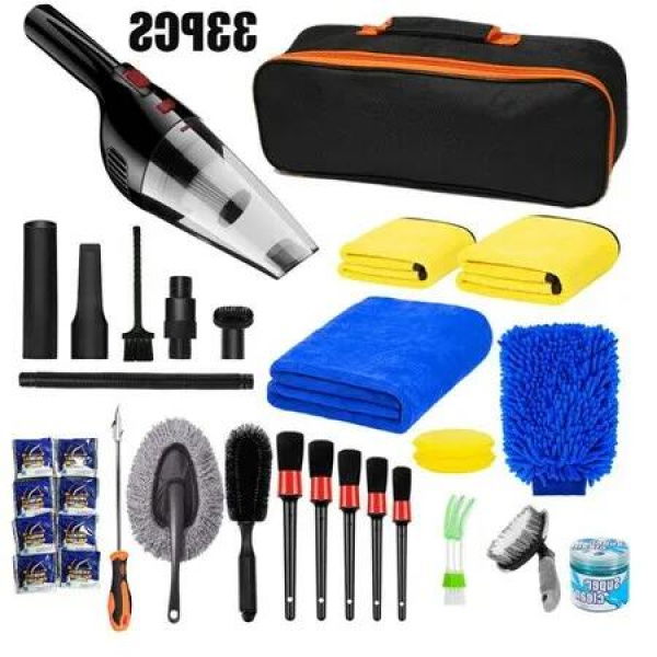 33PCS Complete Car Detailing Kit with High Power Cleaning Vacuum,Foam buffing pads for swirl-free shine,Drill brush for scrubbing tough dirt,Polishing kit for showroom-quality finish