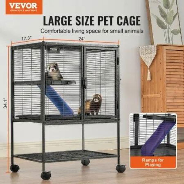 34' Metal Small Animal Cage 2-Tier Rolling Ferret Cage with Tray A Ramp