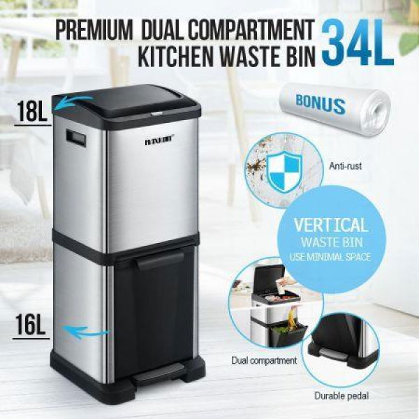 34L Rubbish Bin Pedal Dustbin Kitchen Waste Garbage Trash Can Household Stepbin Dual Two Layer Press Top