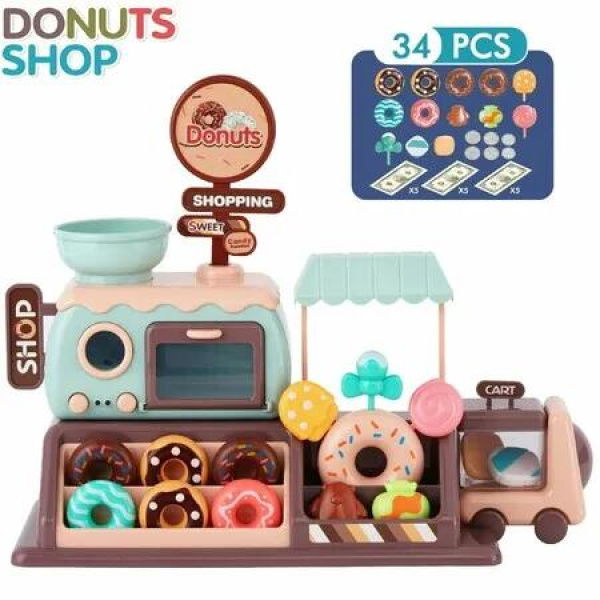 34pcs Pretend Play Donut Oven Toy Educational Interactive Sweets Shop Kids Playset Toy Light Sound Candy Store Dessert Toy