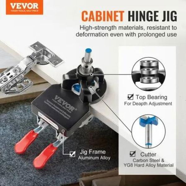 35 mm Concealed Door Hinge Jig, Aluminum Alloy Cabinet Hinge Jig, Accurate Locking Dual Clamp Fixation Hinge Drill Jig with Accessories, Woodworking Tool for Doors Cabinets Hinges Mounting