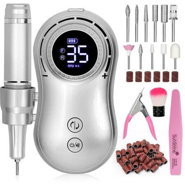 35000RPM Nail Drill Machine Rechargeable Nail File Nails Accessories Gel Nail Polish Sander Professional Tool Manicure Set Color Silver