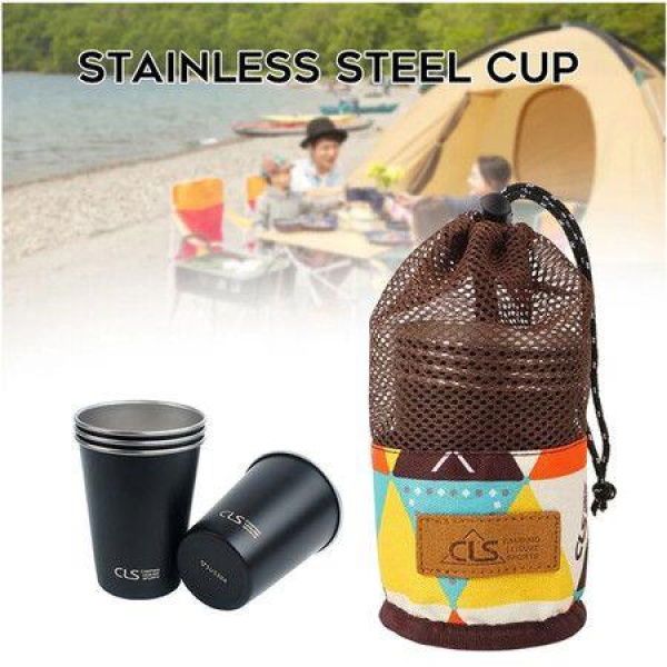 350ML Stainless Steel Cup Outdoor Camping Tumbler Cup With Mesh Carry Bag 4PCS Set