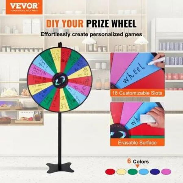 36 inch Spinning Prize Wheel 18 Slots Spinning Wheel Roulette Wheel with a Dry Erase and 2 Markers Tabletop or Floor Standing Win Fortune Spin Games