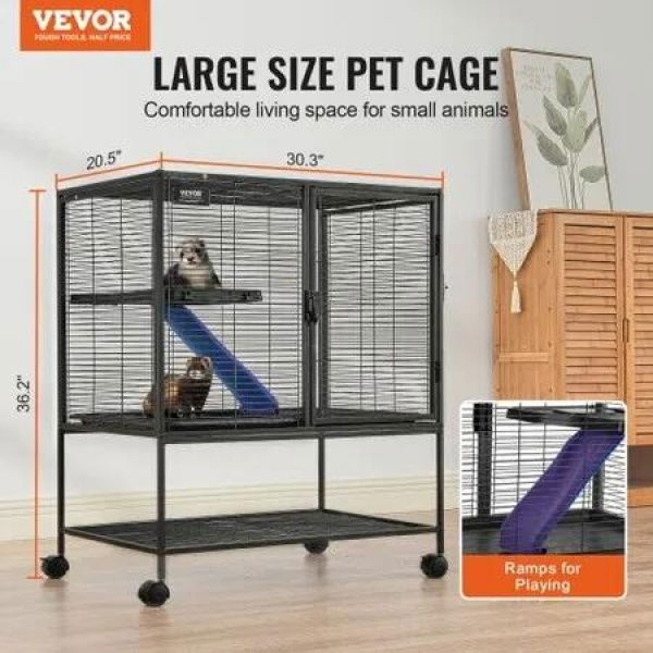 36 Metal Small Animal Cage 2-Tier Rolling Ferret Cage with Tray A Ramp