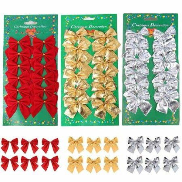 36 Pcs Christmas Bows Ornaments For Christmas Tree Ribbon Glitter Bow Hanging Decorations Party Home Wreaths Gift Wrapping Red + Gold + Silver.