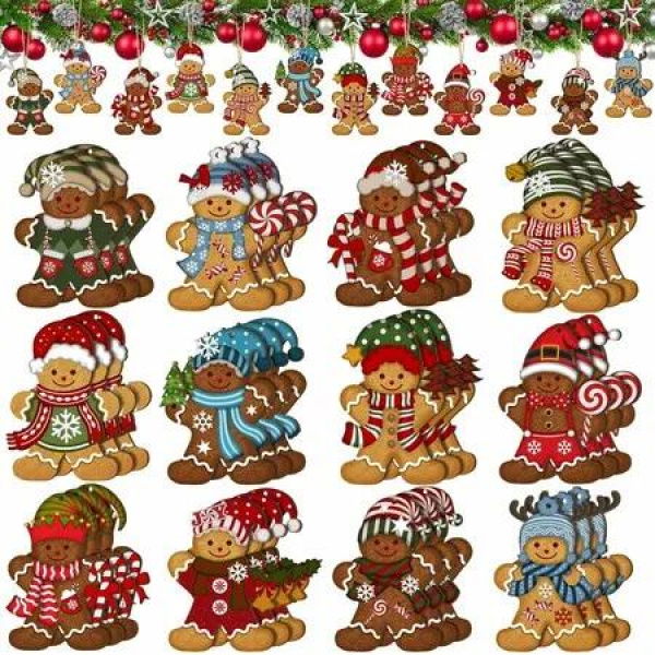 36 Pcs Christmas Gingerbread Man Wooden Hanging Ornaments Set Vintage Distressed Style Gingerbread Man Wooden Decoration