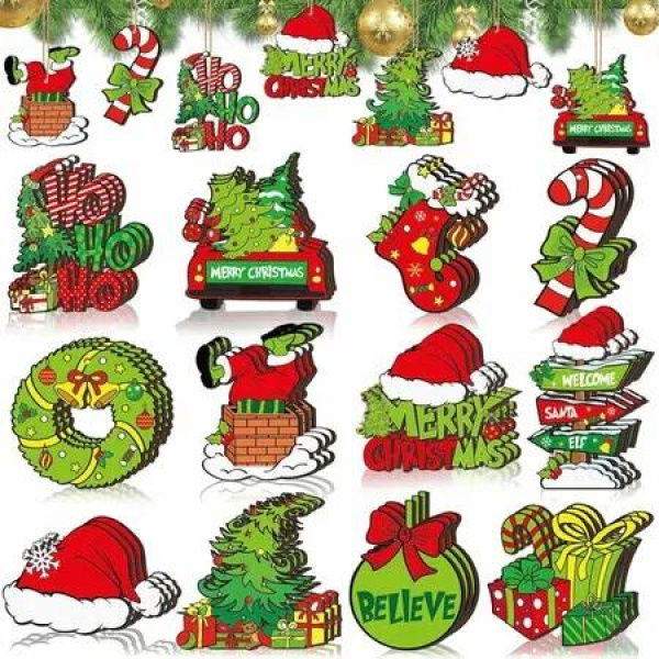 36 Pcs Christmas Grinch Wooden Ornaments Christmas Tree Christmas Decorative Holiday Hanging Christmas Decor For Home Party