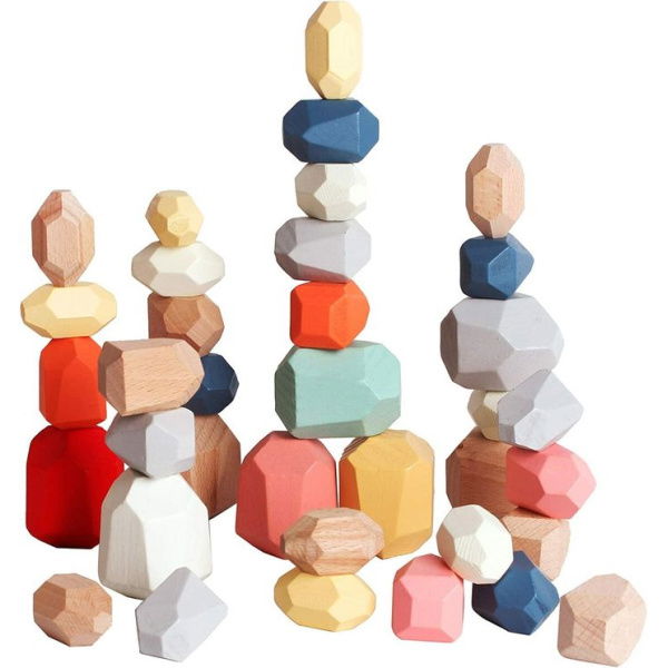 36 PCs Wooden Sorting Stacking Rocks Balancing Stones Educational Preschool Learning Montessori Toys Building Blocks Game For Kids Age 3+ Years Boy And Girl Birthday Gifts.