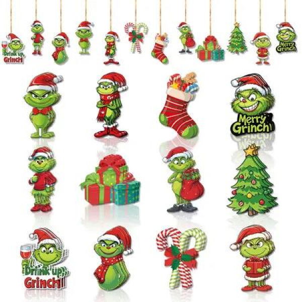 36 Piece Grinch Style Wooden Gift Charms Ideal For Christmas Tree Decorations Party Supplies And Festive Events