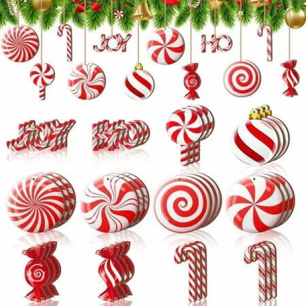 36 Pieces Wooden Candy Cane Ornaments for Christmas Tree Decor, Red Peppermint Lollipop Hanging Decorations for Holiday Home Party