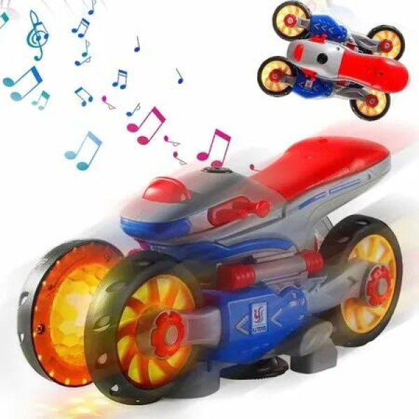 360 Degree Rotating Stunt Electric Motorcycle Transform Toy Deformation Motorcycle Toys with LED Light and Music for Kids Age 3 and Up