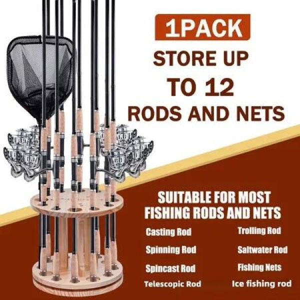 360 Rotation Wooden 12 Slots Round Fishing Rod Holder Upgrade And Strengthen Space Saving Storage Organizer Roove Fishing Gear