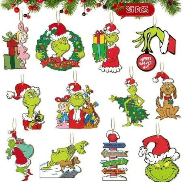 36pcs Christmas Tree Grinch Baby Wooden Pendant Funny Green Accessories Christmas Pendants Hanging