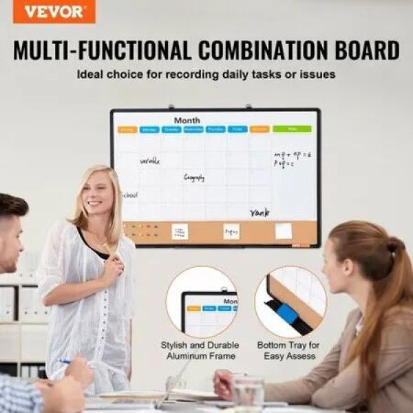 36'x24' Monthly Calendar Whiteboard & Cork Board Combo with Aluminum Frame